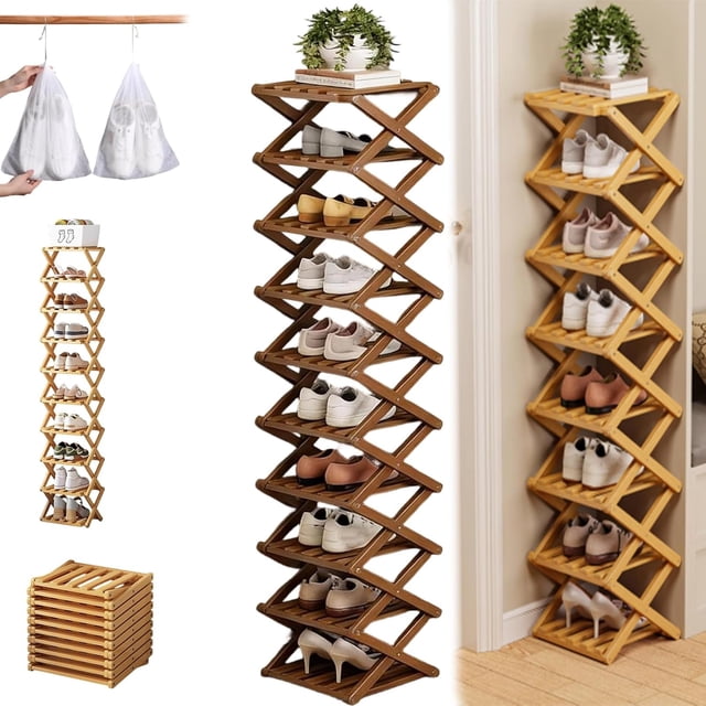 The 9-Tier No-Assembly Bamboo Rack, 2026 New Foldable Vertical Storage Organizer, Eco-Friendly, Durable, and Beautiful, No Installation Required, for Entryway Closet Dorm (Brown,10 Tier)