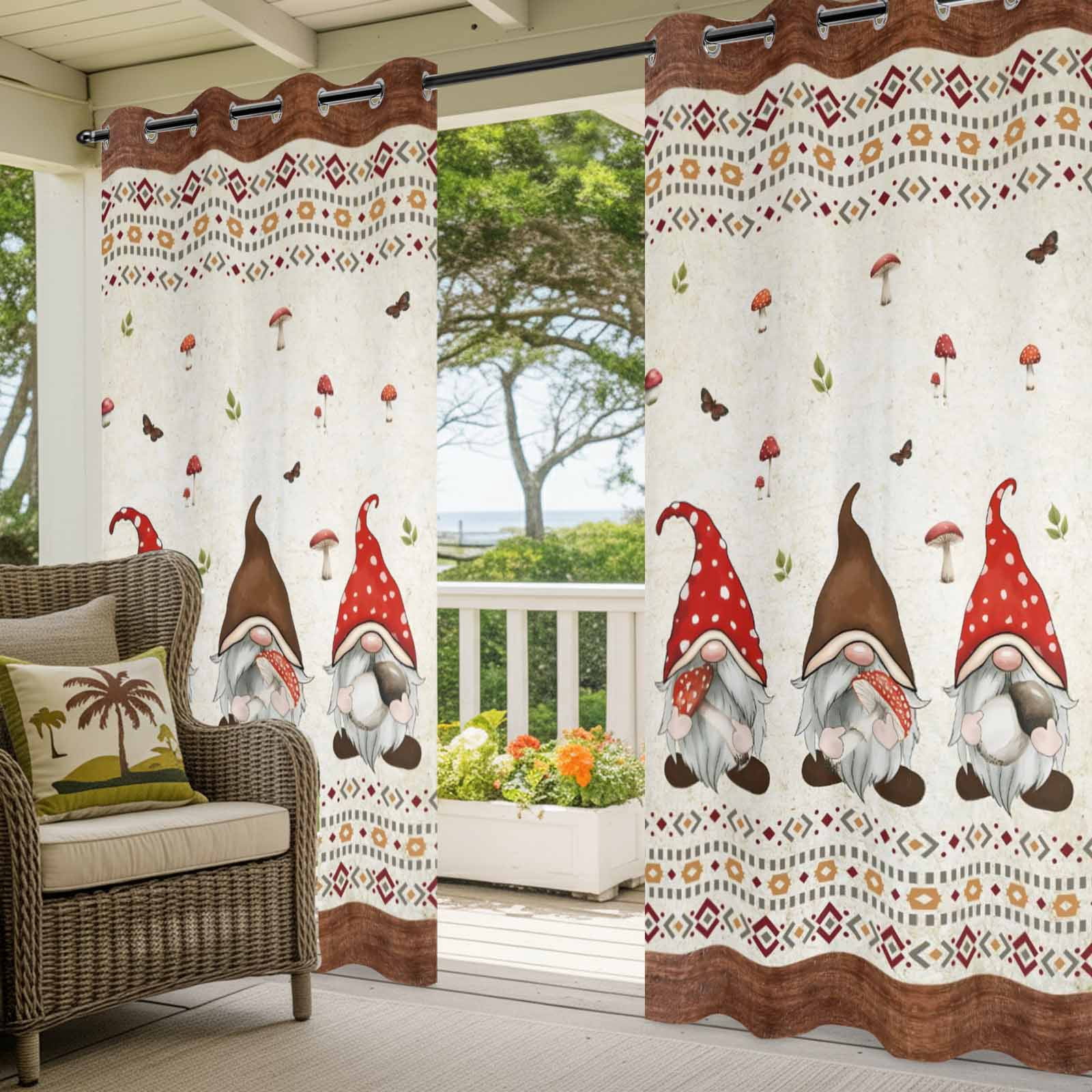 Outdoor Curtains for Patio Waterproof, Boho Gnomes Windproof Pravicy Outside Porch Blackout Curtain, Farmhouse Vintage Geometric Mushroom Brown Sun Blocking Grommets Curtains for Cabana 54"x108"