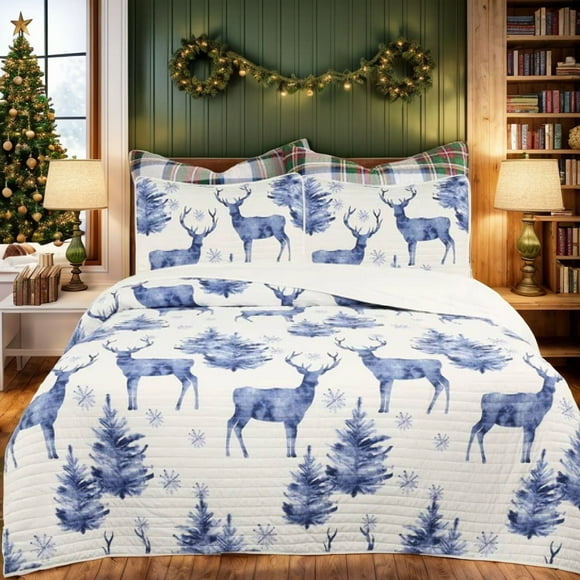MarCielo Queen Size Quilt Set, Christmas Comforter Set with 2 Pillow Shams, Deer Pattern 88" X 92"