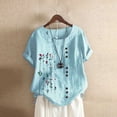 thumbnail image 3 of Pxiakgy Summer Boho Floral Shirts for Women Button Down Shirts Round Neck Shirt Roll Up Sleeve Shirt Floral Print Shirt Graphic Tunic Tops Office Work Tops Loose Fit Short Sleeve Crewneck Tops Blue L, 3 of 3