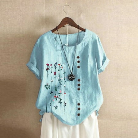 Holzkary Womens Short Sleeve Tops Graphic Tunic Tops Work Blouses Floral Print Shirt 2026 Vacation Fashion Clothes Peasant Blouse Roll Up Sleeve Shirt Button Linen Blouses Beach Vacation Clothes L