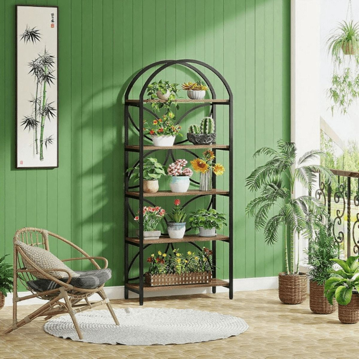 5-Tier Rustic Industrial Narrow Bookshelf - Metal Frame & MDF, Compact Open Storage for Living Room/Office/Farmhouse
