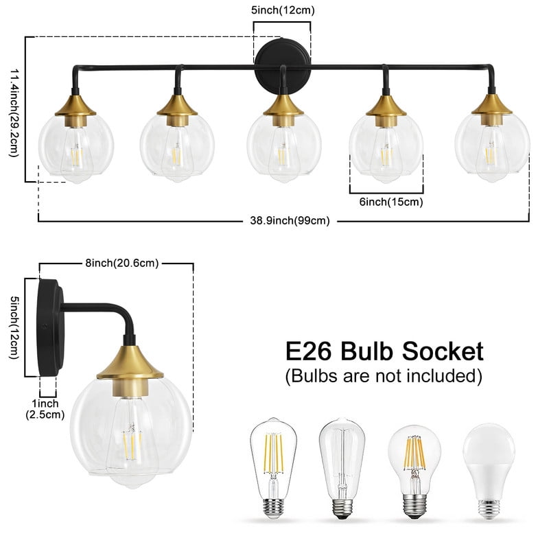 Bathroom Vanity Light with Clear Glass Shade, E26 Base, Bathroom Light Fixtures Over Mirror, Vanity Lights for Bathroom (Exclude E26 Bulb) - Black and Gold, 5-Lights
