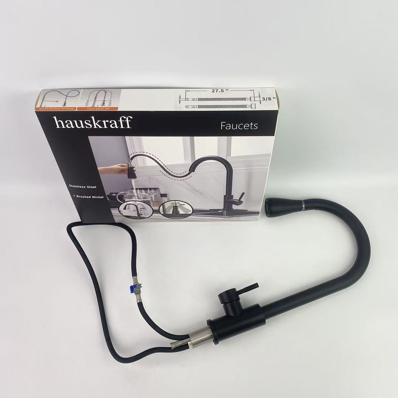 hauskraff  Faucets,Black Kitchen Faucets, Kitchen Faucet with Pull Down Sprayer, High Arc Single Handle Stainless Steel Sink Faucets 1 or 3 Hole, Classic Kitchen Sink Faucets