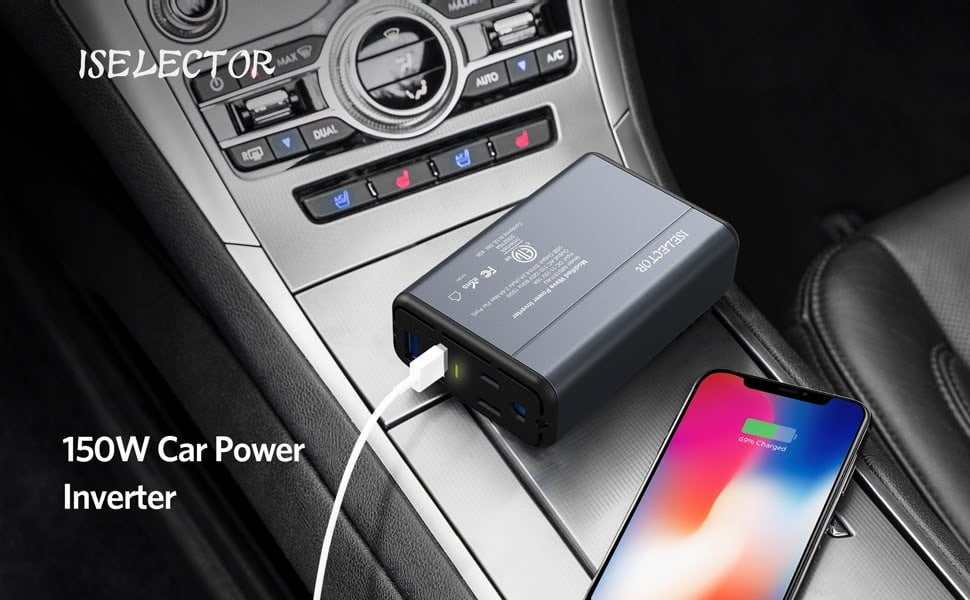 ISELECTOR 150W Car Power Inverter DC 12V to 110V AC Converter with 2 USB Ports Charger Thinner Design with ETL Listed Car Adapter