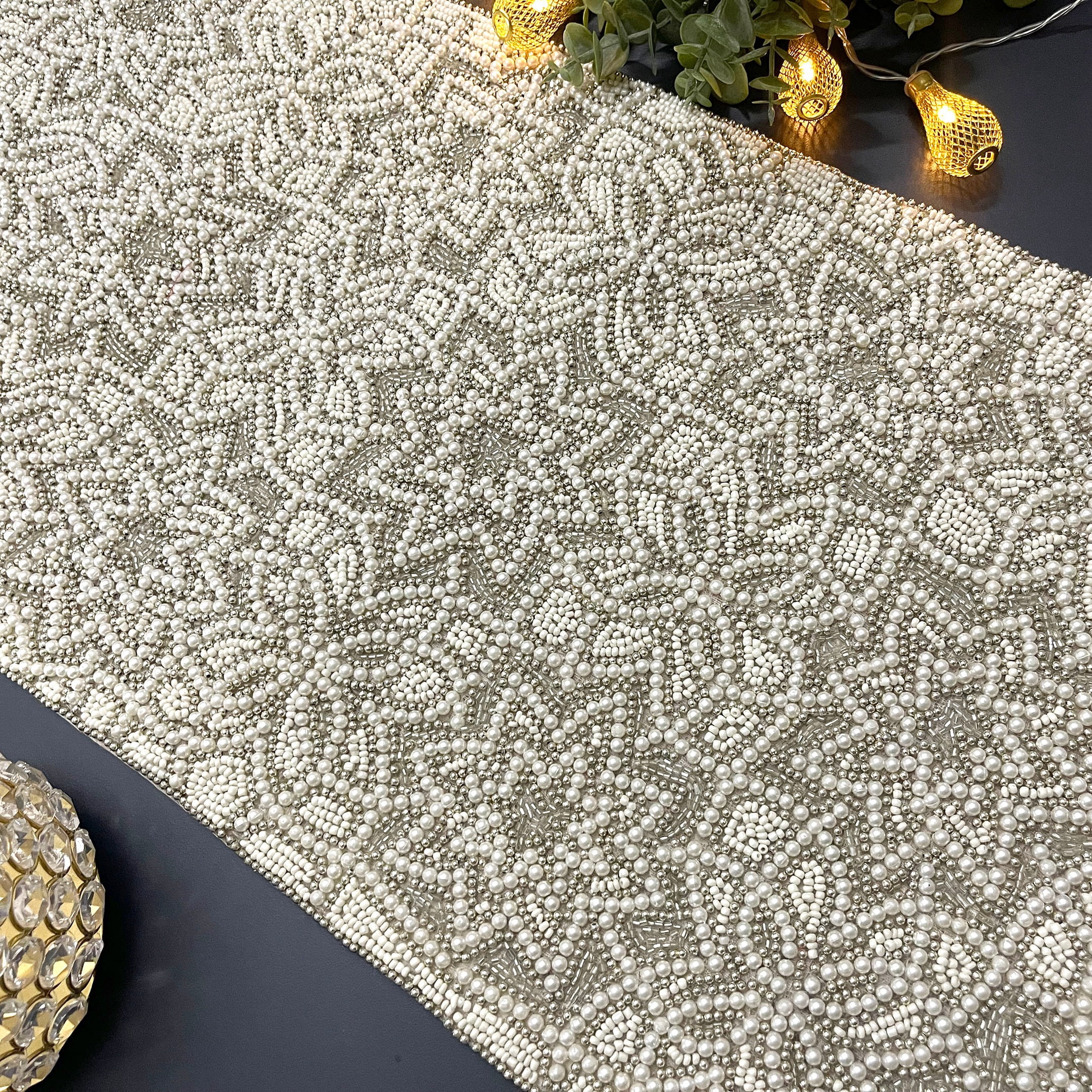 Handmade beaded Christmas table runner, white silver, 13x48inch