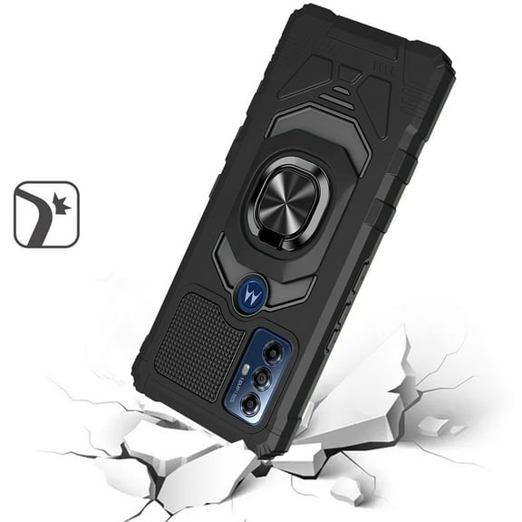 Designed for Motorola Moto G Play 2023 Hybrid Dual Layer with Rotate Magnetic Ring Stand Holder Kickstand, Rugged Shockproof Phone Case Cover [Black]
