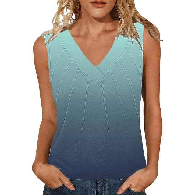 Mujeres sin mangas Tops de verano gradiente color fuera de posición impresión V-cuello blusa casual Mujeres V-cuello de verano Tops