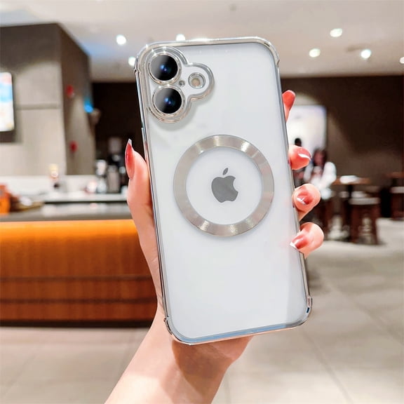 Luxury Magnetic Case For iPhone 17, Electroplated Clear Slim Cover with Built-in Full Camera Lens Protection Compatible with MagSafe Charger Shockproof Rubber Back Case,Silver