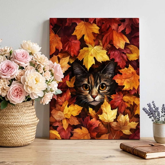 Autumn Pastoral Canvas Wall Art, Landscape Cute Cat in The Maple Leaves Framed Canvas Wall Decor Picture Print Artwork Decorations for Living Room Office Ready to Hang 10" x 8"
