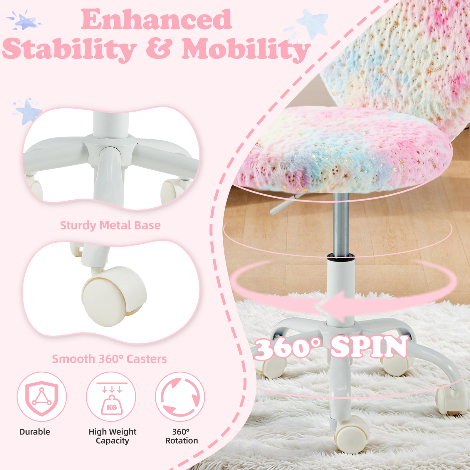 Vicluke Kids Desk Chair with Wheels Adorable Fluffy Girls Desk Chair with Heart-Shaped Backrest Design Adjustable Seat Height for Bedrooms & Study Rooms, Colorful