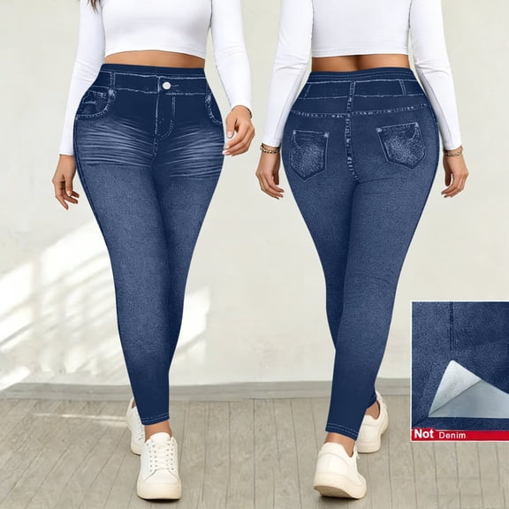 Kinrui Womens Jeggings Stretch High Waist Faux Jeans Skinny Denim Pants Stretch Tight Pants Blue L