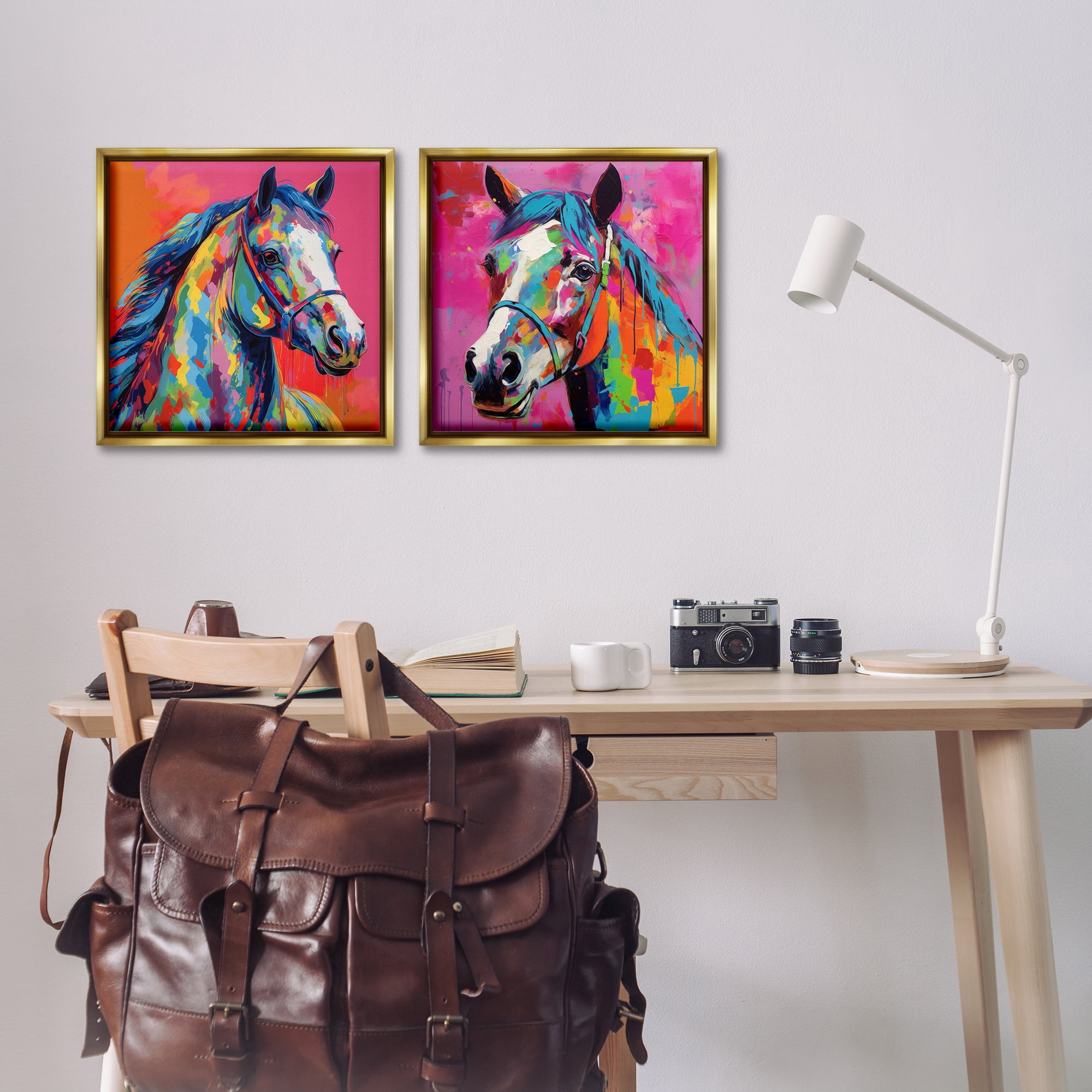Stupell Industries Bright Neon Horse Portrait Animals Painting Gold Floater Framed Canvas Art Print Wall Art, 18 x 18, Set of 2