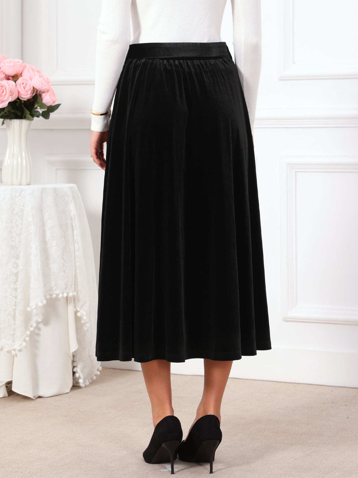 DARING DIVA Women's Velvet Long High Waist Elegant Cocktail Skirt L Black