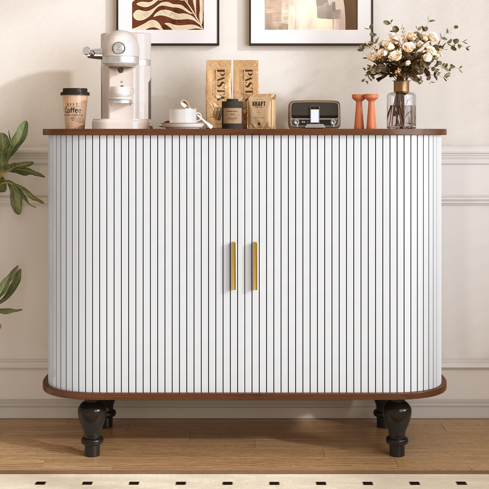 Aukfa 39" Mid-Century Modern Fluted Bar Cabinet with Large Drawer, Black Liquor & Coffee Bar Station with 6 Wine Rack,White