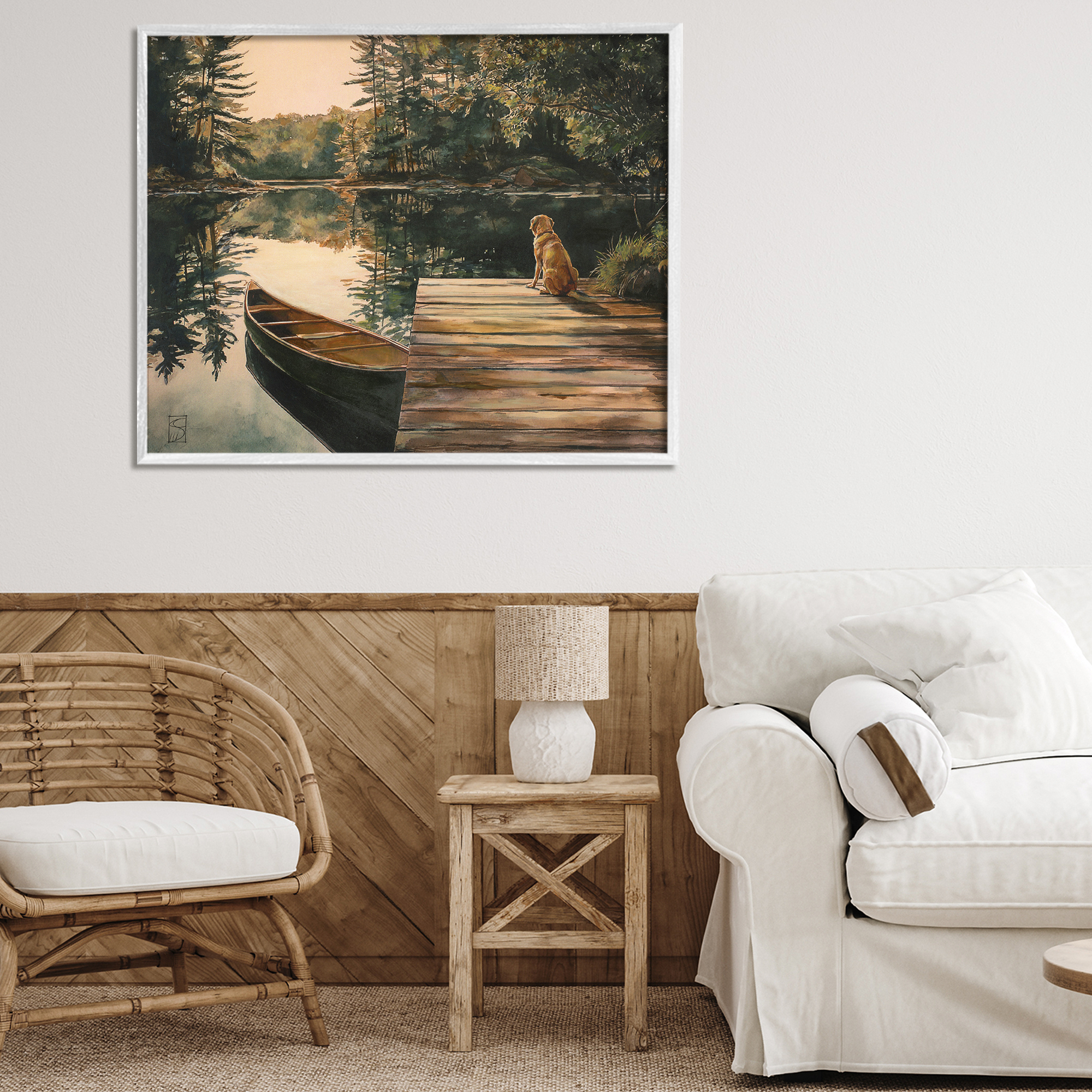 Lake Life at Sunset White Framed Giclee Art, design by Sara Culpepper