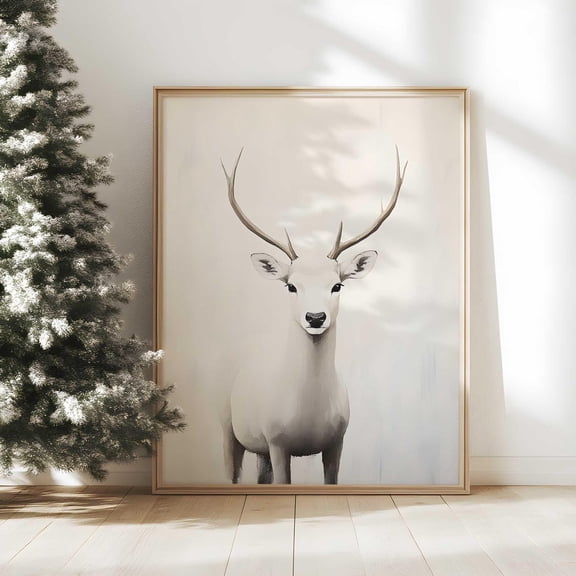 White Deer Wall Art, Minimalist Woodland Animal Print, Neutral Nursery Decor, Vintage Winter Wall Art, Wall Art Print Home Decor #355, Unframed Poster Size 8x12