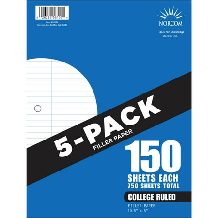 Norcom 5-Pack Filler Paper, 150 Sheets, College Ruled, 10.5