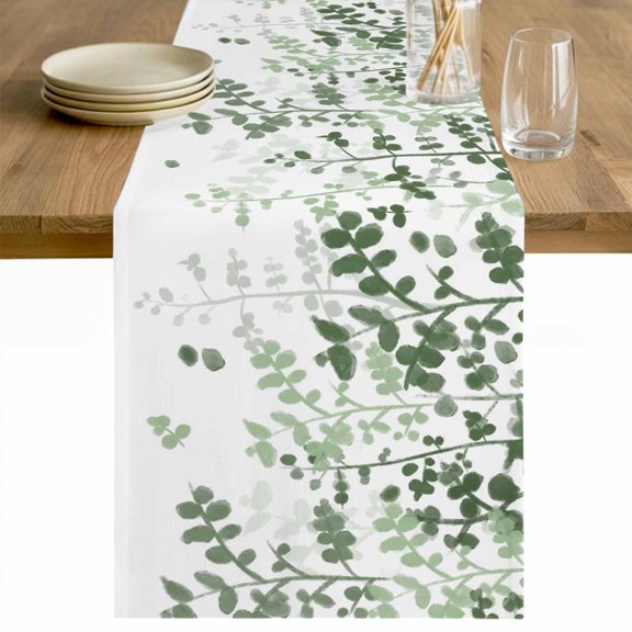 Sage Green Leaves Table Runner - 120 Inch Long Summer Botanical Cotton and Linen Blended Dress Scarves Farmhouse Table Runner for Kitchen Dining, Coffee Table, 13" x 120"