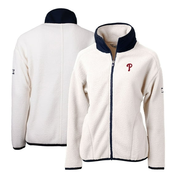 Women's Cutter & Buck White/Navy Philadelphia Phillies Cascade Eco Sherpa Fleece Full-Zip Jacket