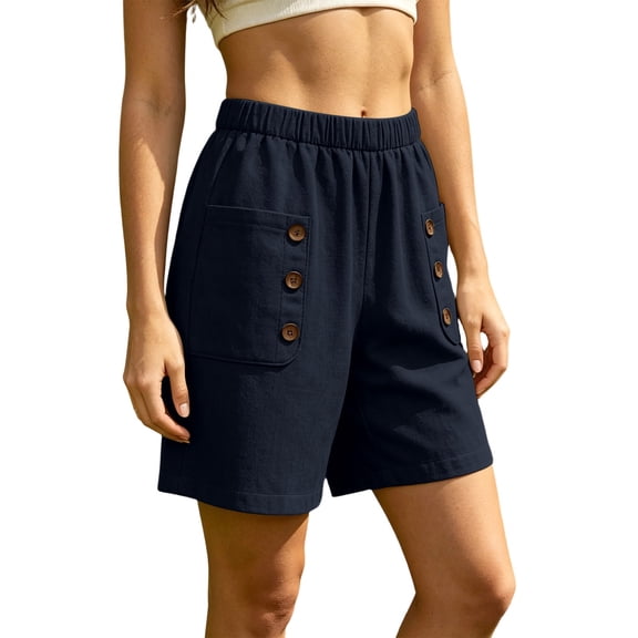 Qgtaibl Womens Elastic High Waist Cotton Shorts Summer Solid Color Comfortable Bermuda Shorts with Button Pockets Loose Fit Lightweight Lounge Wide Leg Shorts Navy XXXL