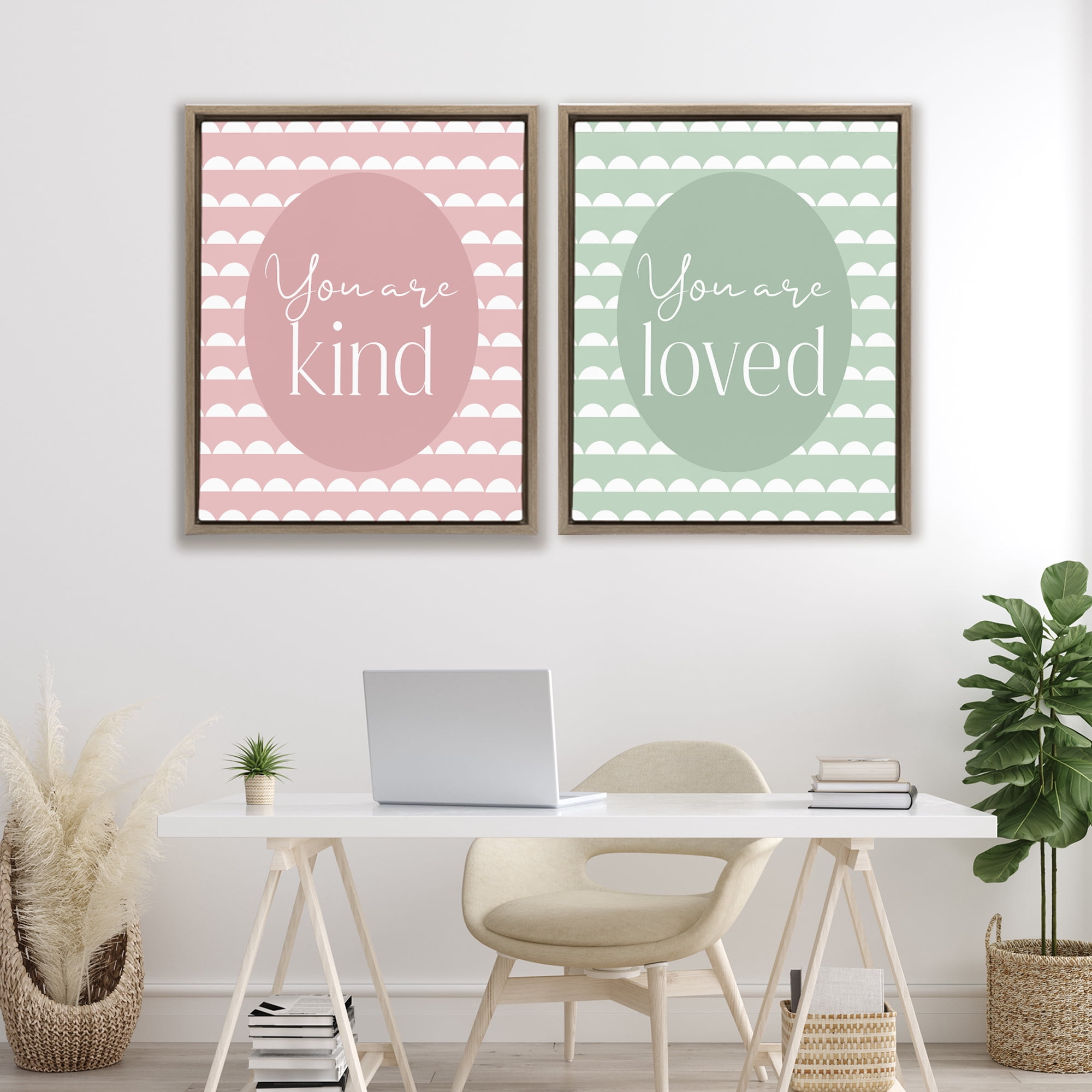 Stupell Industries Pastel Kind & Loved 2 Piece Brown Framed Floater Canvas Set, design by Christine Simpson Art