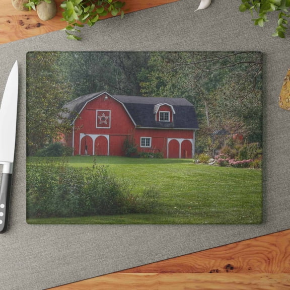 U R There Photography Charming Red Rustic Farmhouse Tempered-Glass Cutting Board 11"x 15"