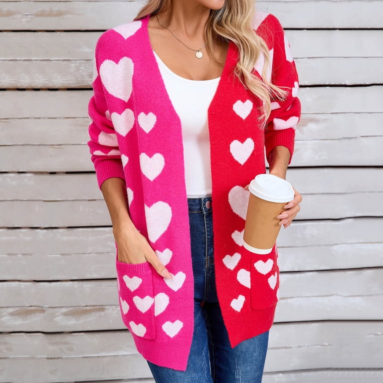 Cardigan Lungo Donna San Valentino – Maglione Morbido A Maglia Con Tasche, Fantasia Cuori, Colore Rosa, In Imitazione Cashmere, Regalo Per Lei