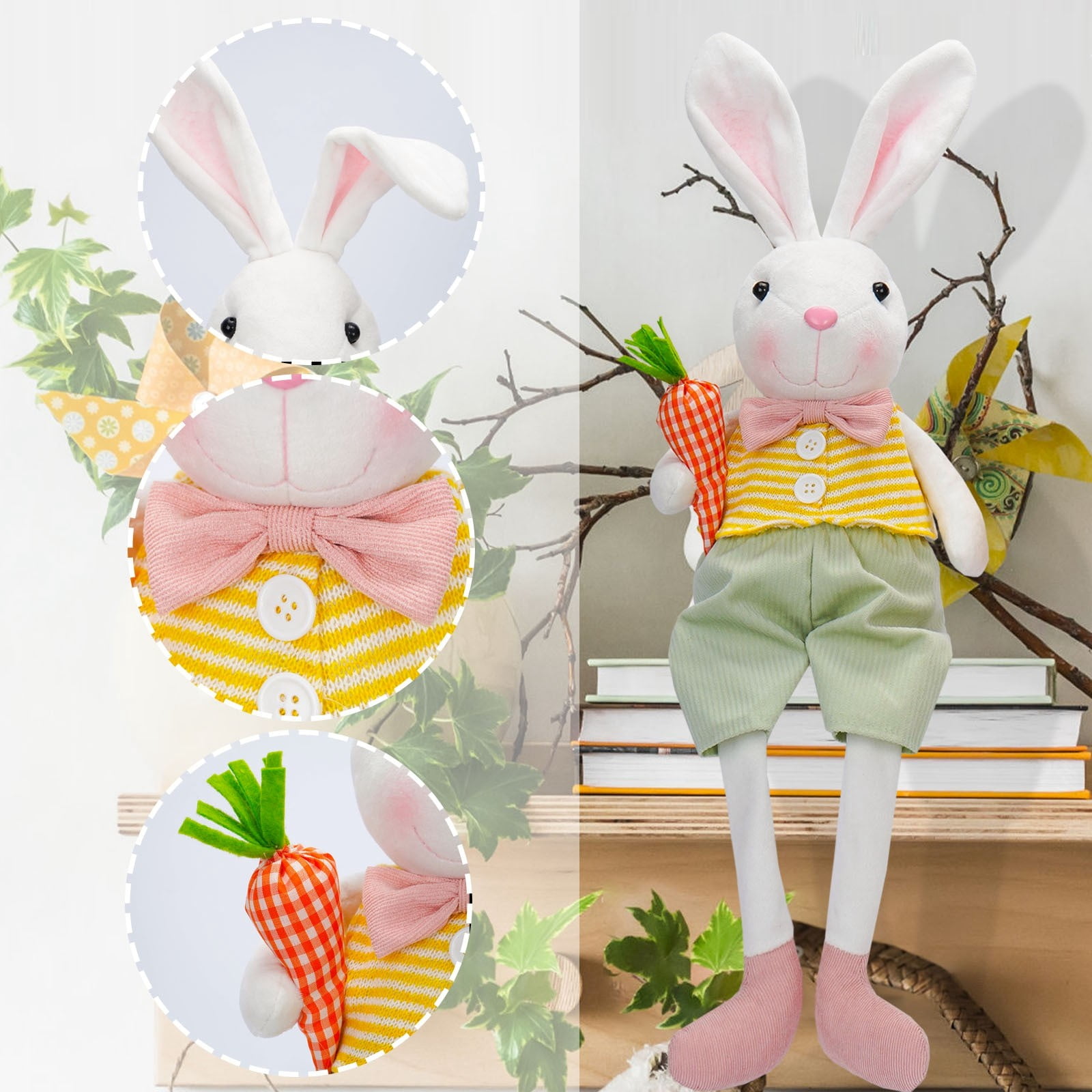 2PCS Easter Plush Bunny Dolls 17.3in with Carrot & Flower Basket, Soft PP Cotton Easter Rabbit Decorations for Party, Home Display & Kids Easter Basket Stuffers
