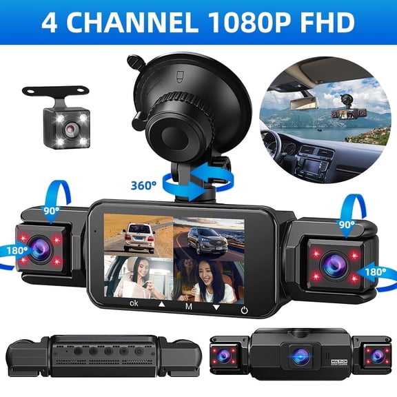Vital 360 Degree 4 Channel Dash Cam FHD 1080P - 8 IR Night Vision, 24H Parking Monitor, G-Sensor Loop Recording, 4-in-1 IPS Screen Car Camera for SUV Truck Taxi