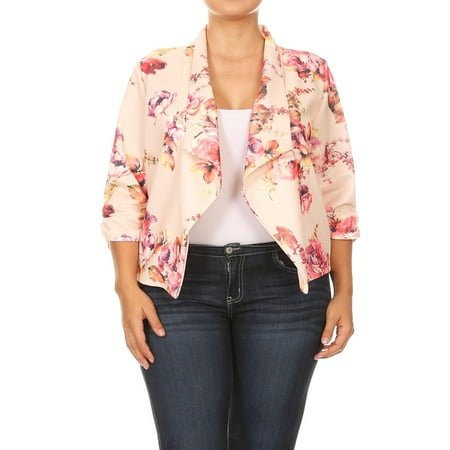 Guess Embroidered Blazer MOA COLLECTION Women's Plus Size Print Floral 3/4 Sleeve Loose Fit Open Front Blazer Jacket/Made in USA ()