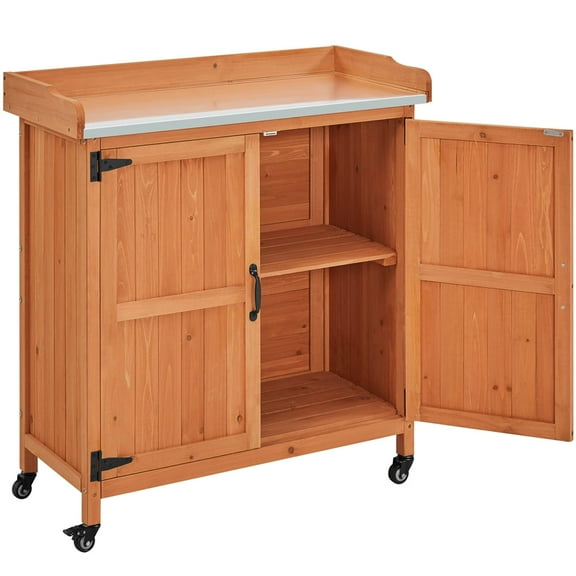 Topeakmart Wooden Garden Potting Bench Table with Storage Cabinet for Outdoor, Brown