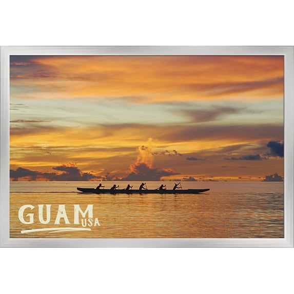 Guam - Boat & Sunset - Lantern Press Photography (36x24 Giclee Art Print, Gallery Framed, Silver Wood)