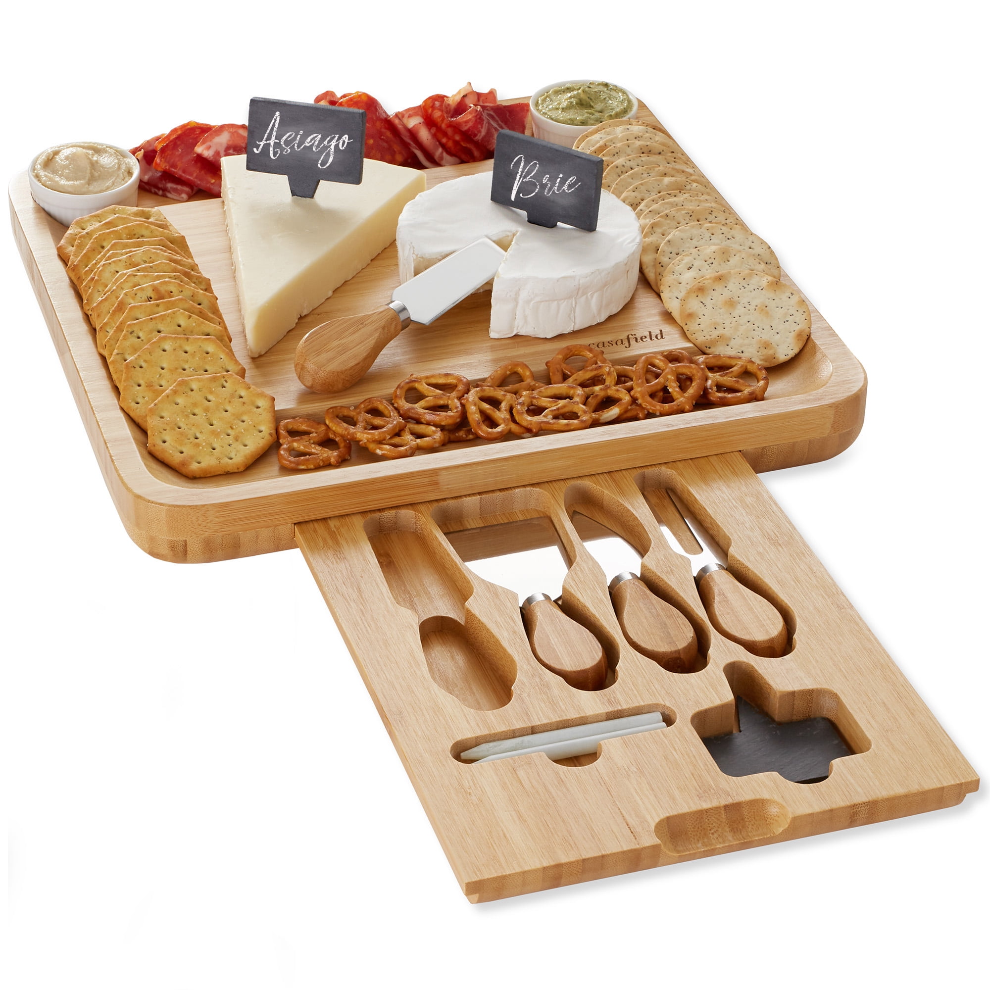 Natural Bamboo Housewarming Idea Wooden Charcuterie Cutting and Serving Platter Tray Luxury Dining 16-piece Cheese Board with Cutlery Set Best Thanksgiving