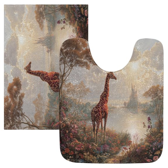 2 Piece Bath Mat Set with U-Shaped Toilet Mat and Rectangle Bath Rugs Non Slip Machine Washable Bathroom Mats Oil Painting Of Giraffe
