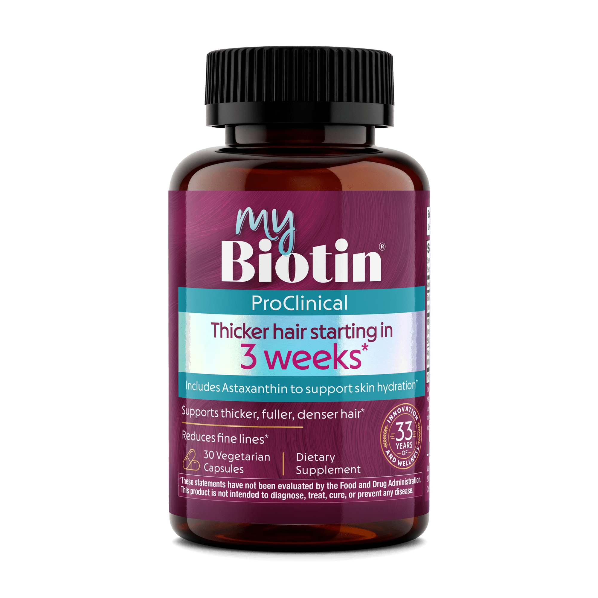 MyBiotin ProClinical w/ Astaxanthin - Purity Products - Thicker Hair Starting in just 3 Weeks - Patented Biotin Matrix - 40x More Soluble Than Ordinary Biotin - Hair, Skin & Nails - 30 Veggie Caps