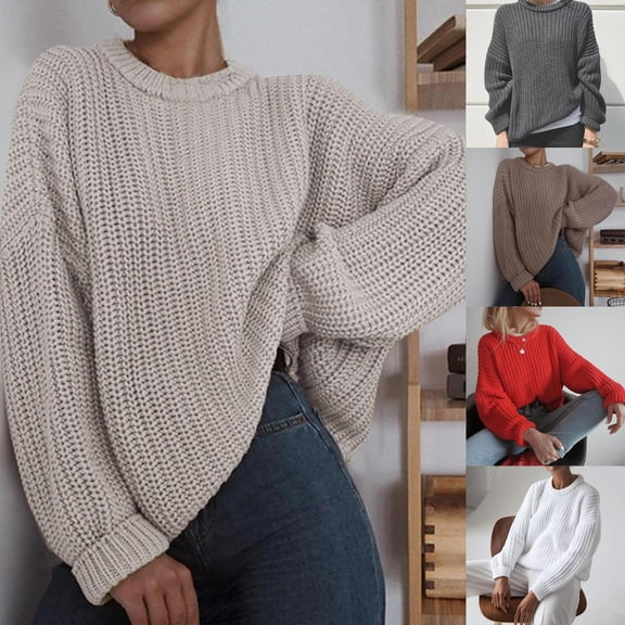 Olyvenn Pullover Sweater Women's Plus Size Casual Fashion Crew Neck Loose Solid Color Long Sleeves Sweaters for Women Tops Female Leisure Red XL