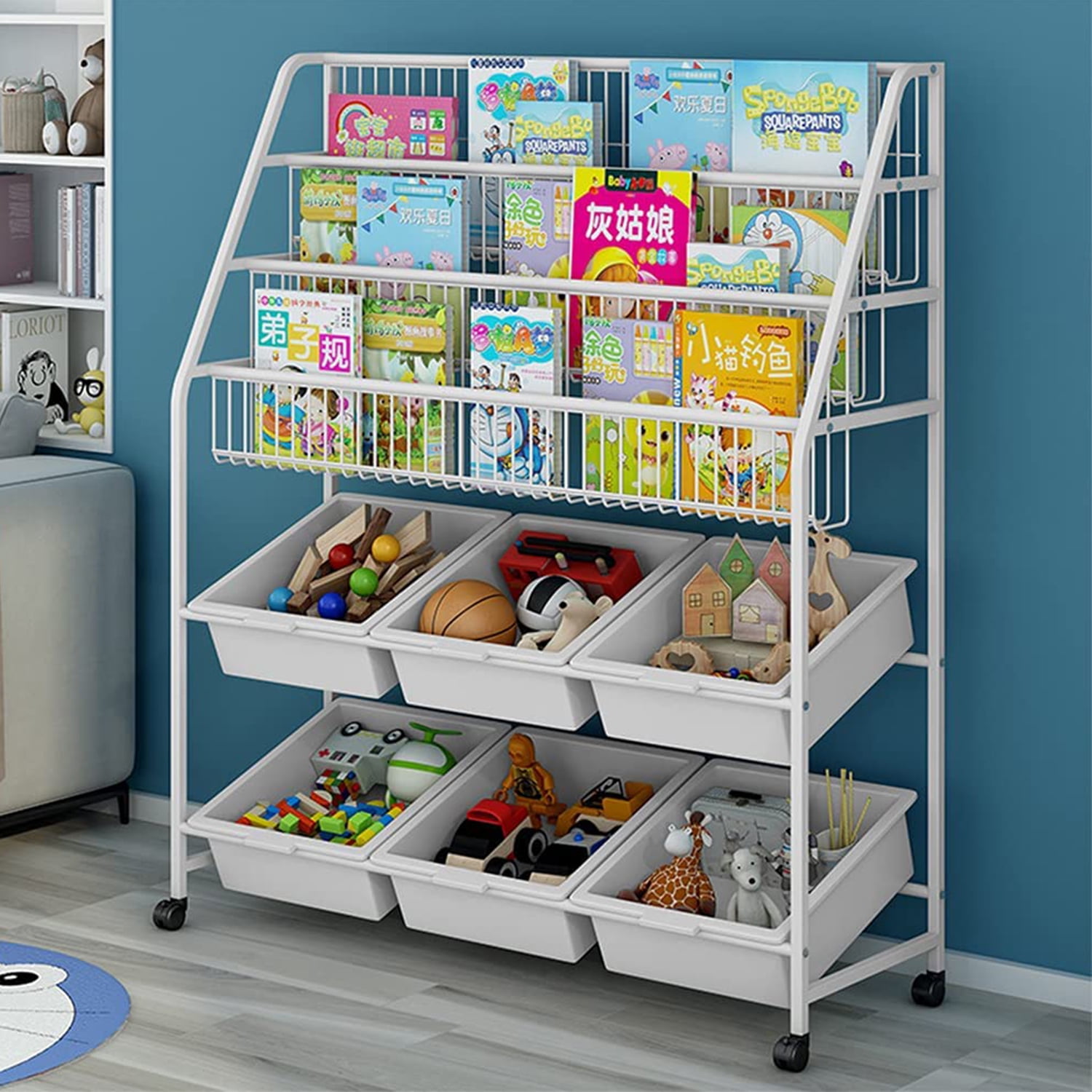 Zzbiqs Children's Toy Storage Rack with 6 Storage Box for Playroom