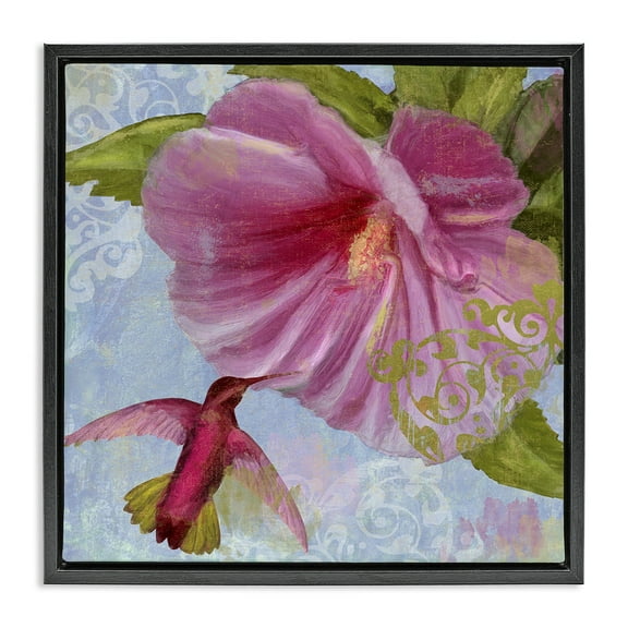 Stupell Industries Hummingbird & Purple Poppy Floral Painting Black Floater Framed Canvas Art Print Wall Art, 18 x 18
