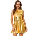 thumbnail image 1 of Disfraz de navidad Vestido acampanado holográfico de cintura alta y cuello redondo sin mangas brillante metálico Clubwear para mujer Color Oro M, 1 of 5