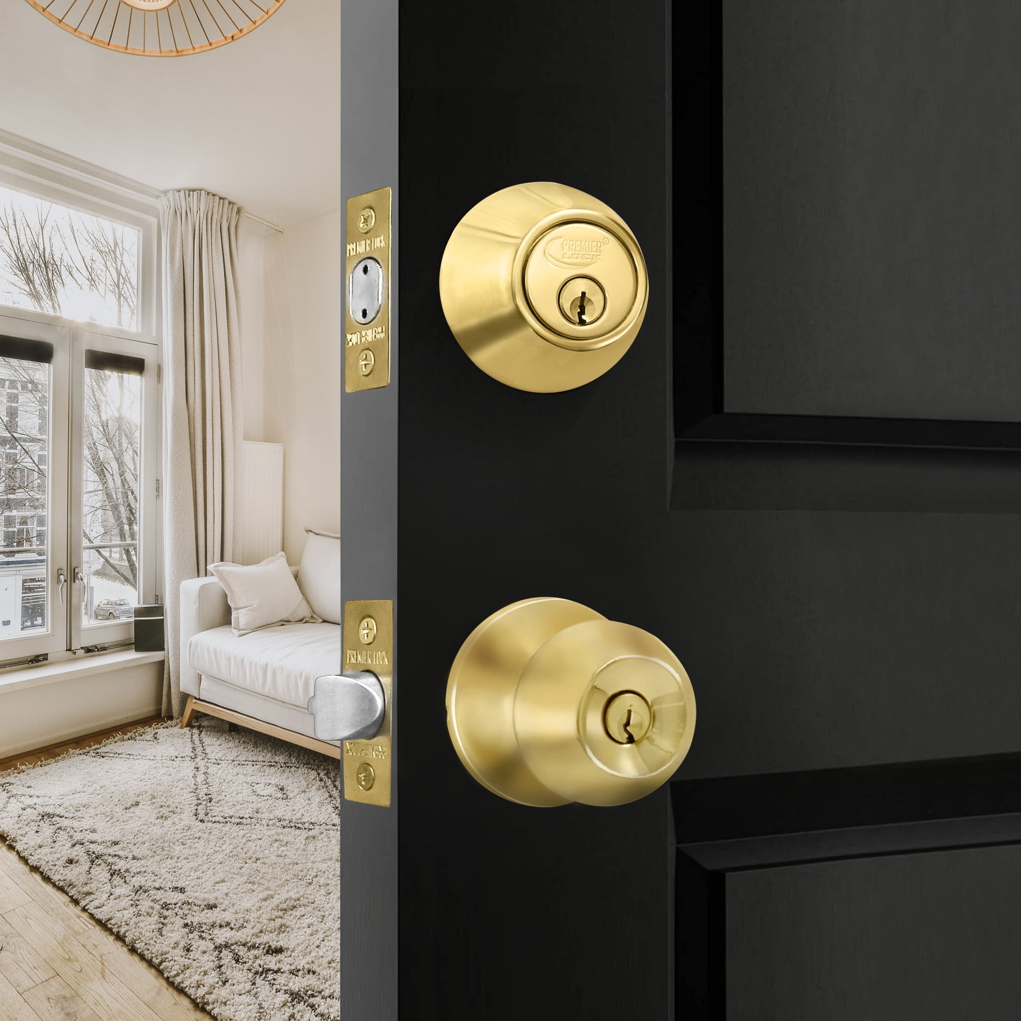 Premier Lock® Solid Brass Entry Lock Set Door Knob & Deadbolt Keyed Alike SC1 Keyway. 6 Total Keys, Keyed Alike