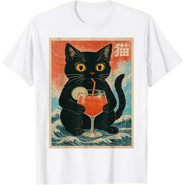 Black Cat Drink Cocktail Jus Anime Kawaii Funny Graphic Cat Camiseta