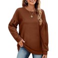 thumbnail image 3 of Sudadera de manga larga empalmada para mujer, Top informal de cuello redondo de Color puro para otoño e invierno, café 3XL, 3 of 6