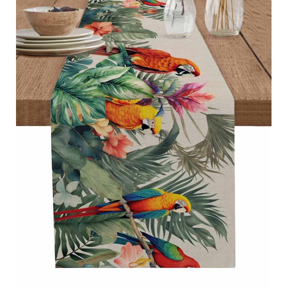 Table Runner Dresser Scarf 13 x 70 Inch Summer Tropical Palm Tree with Parrot Khaki Texture Table Runners Non-Slip Heat Kitchen Dining Table Decor for Indoor Outdoor Home Party Decoration