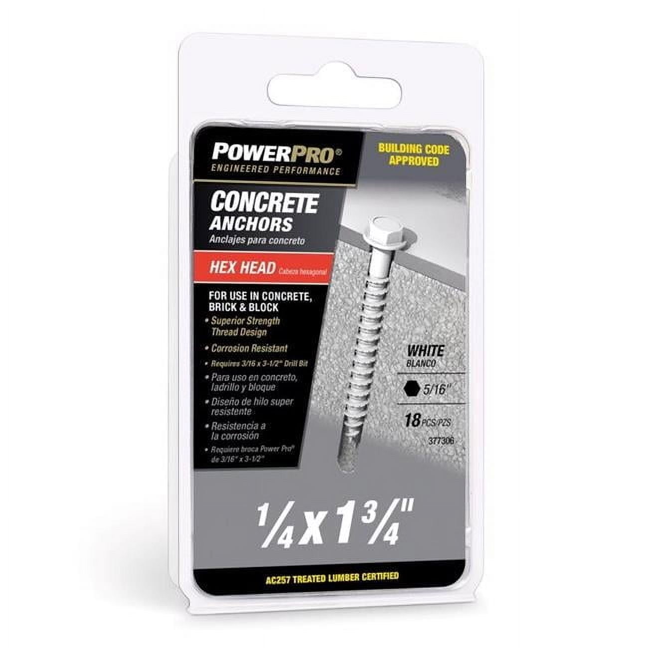 Hillman 5049776 0.25 x 1.75 in. Power Pro Carbon Steel Hex Head Concrete Screw Anchor, 18 Piece
