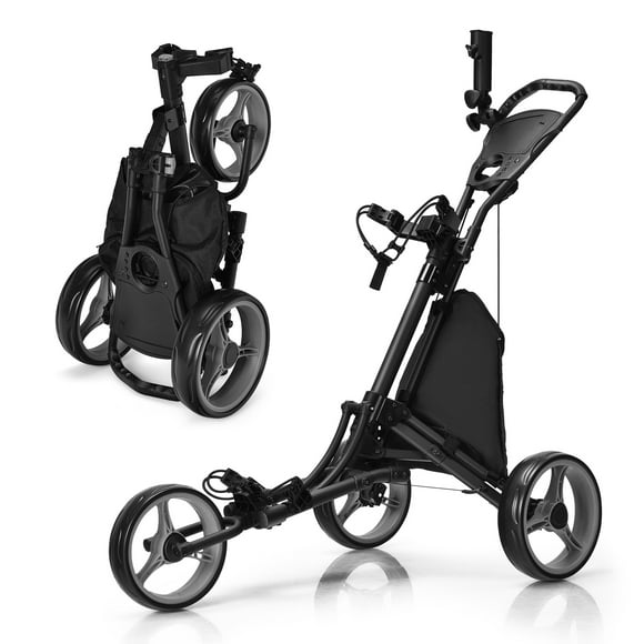 Gymax 3-Wheel Foldable Golf Push Pull Cart Trolley w/ Adjustable Handle Grey