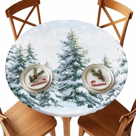 Round Tablecloth Winter Snowy Pine Forests Elastic Edge Fitted Blue White Plastic Table Cover,Waterproof Oil Proof for Dinner,Outdoor, Picnic, 45"- 54" DIA Tables
