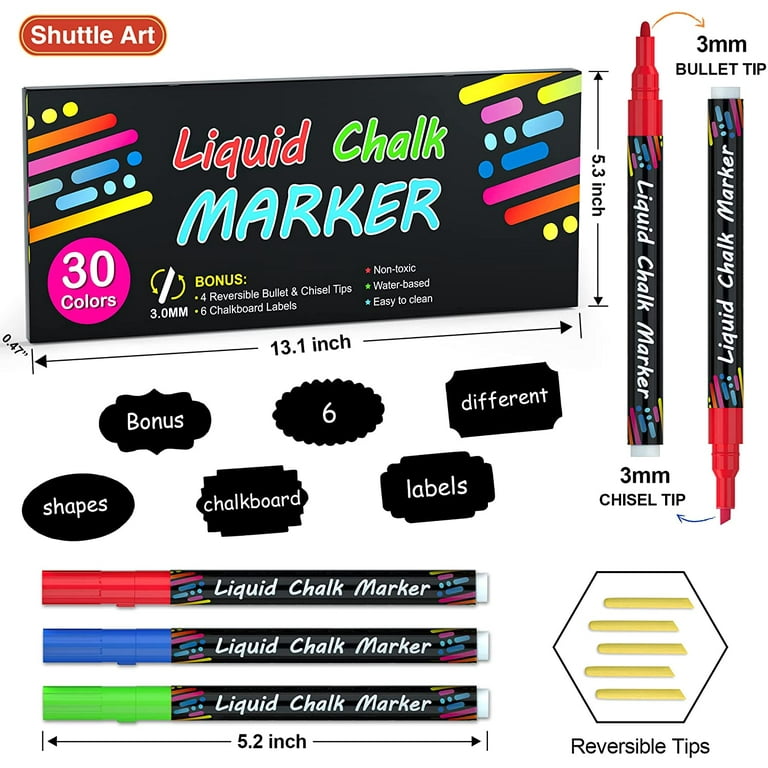 Shuttle Art Chalk Markers, 12 White Liquid Chalk Markers Pens for Blackboards, Windows, Glass, Cars, Water-Based, Erasable, 3mm Reversible Fine Tip