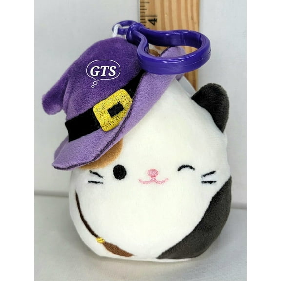 Squishmallow 3.5" Cam Calico Cat Witch Hat Broom Halloween Clip Plush
