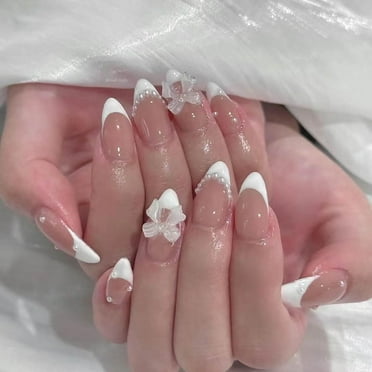 French Tip Press on Nails Almond HNAPA Pink Fake Nails Short French Pearls Press on Nail Bow Nail Charms Designs False Nails Cute Acrylic Full Cover Glue on Nails for Women Girls 24 Pcs